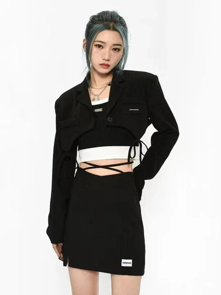 Cropped Bows Blazers for Women Y2k Clothes Harajuku Sexy High Street Coats