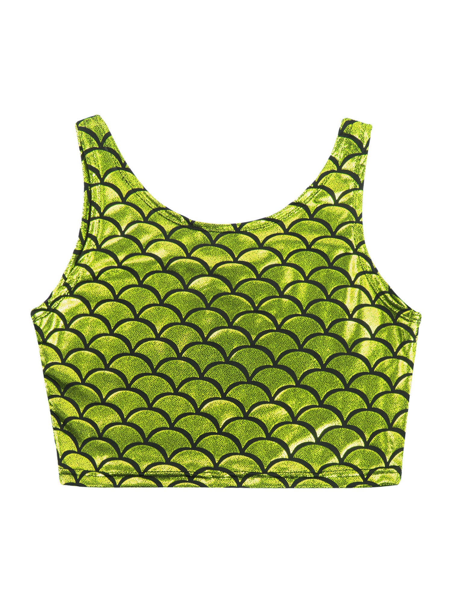 Women Shiny Metallic Crop Top Y2K Mermaid Fish Scale Print Cropped Tank Top Vest Festival Rave Pole Dance Costume Party Clubwear