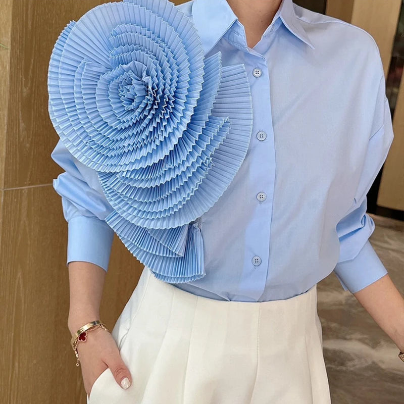 2025 Camisas De Mujer Blouse for Women Elegant Floral Shirts Oversized Tops Long Sleeve Fashion Pleated White Casual Blouses