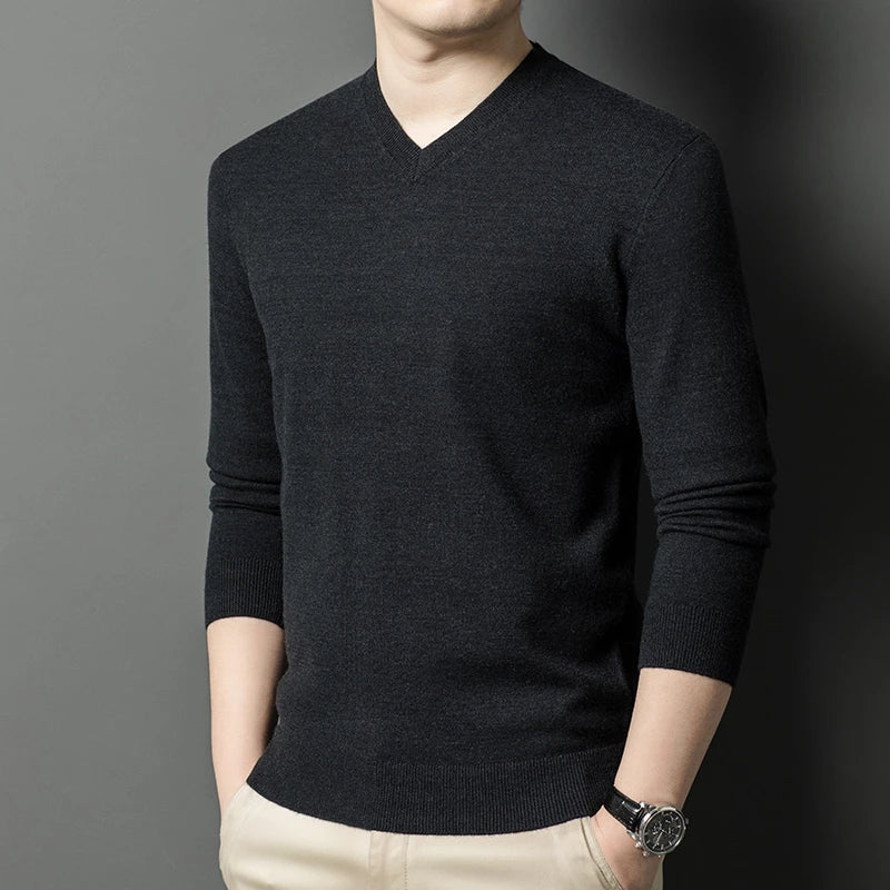 New Sweatwear Men's V Neck Basic Solid Color Sweaters Round Neck Elastic Pullovers Warm Autumn Knitted Oversized Sweater Men