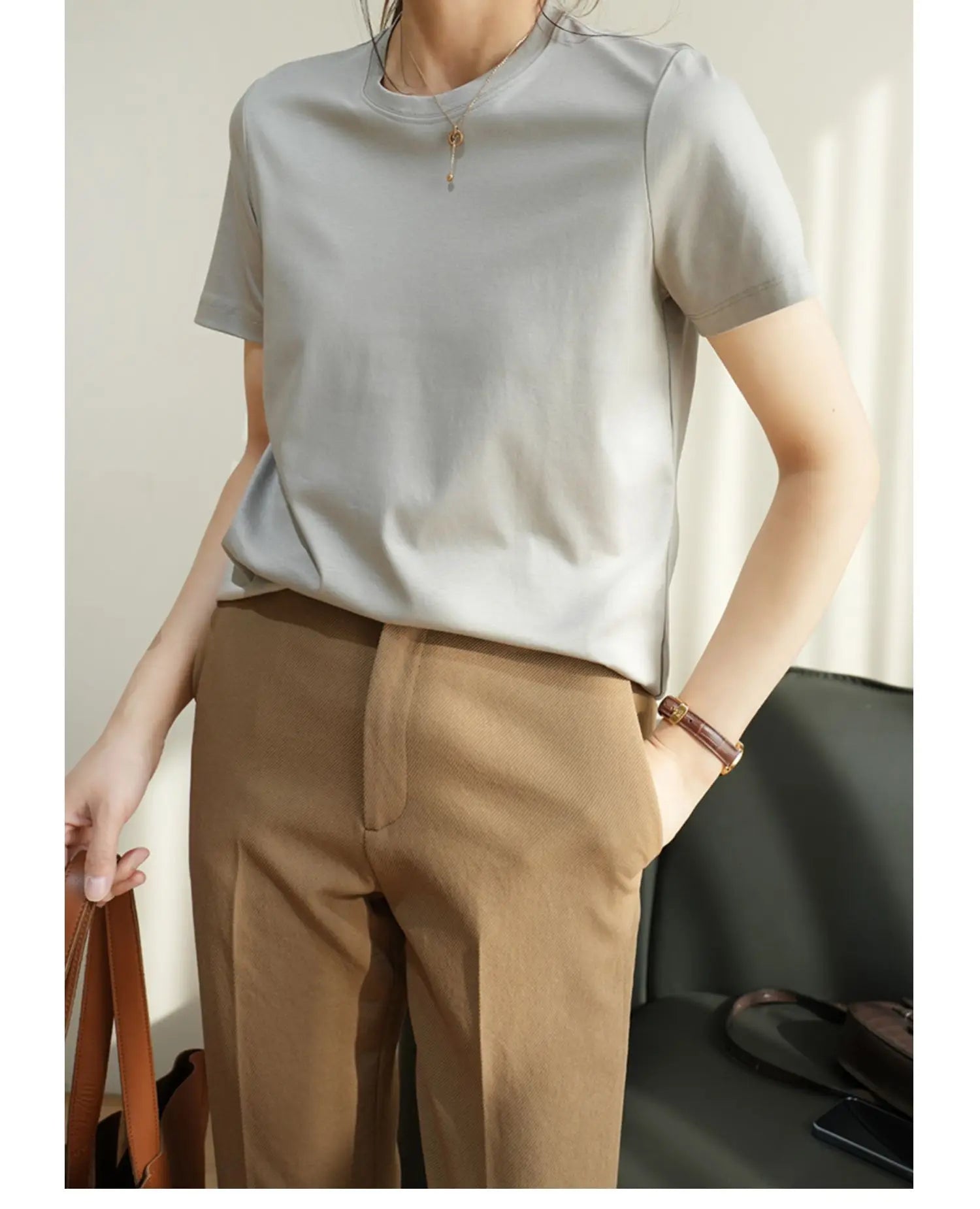 Summer Mercerized Cotton Women Silk T-shirts O Neck Short Sleeve Loose Straight T-shirts Casual Tees For Minimalist 2021