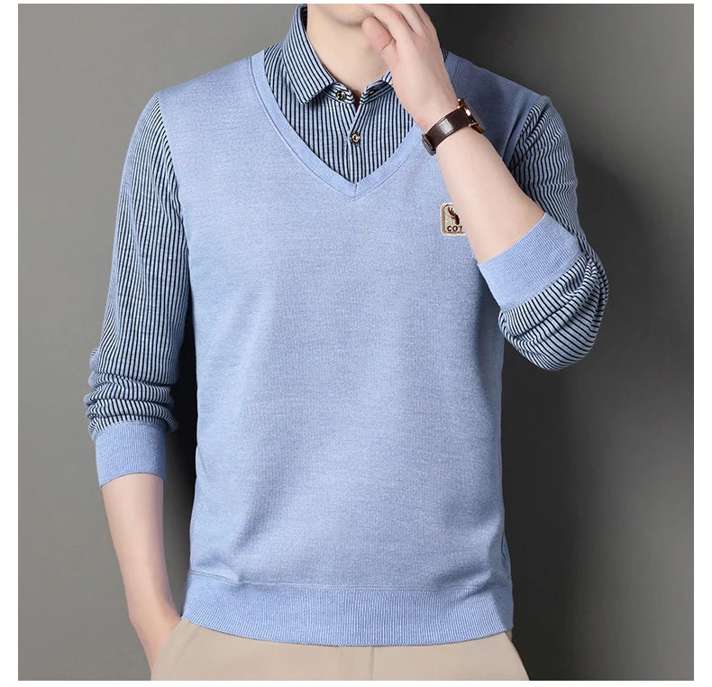 Men's Winter Sweater Fashion Polo Shirt Pullover Slim Fit Elegant Luxury Brand Knitwear Fake Two Pieces Knitted Sweaters