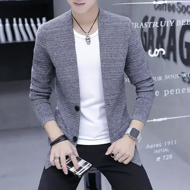 Knit Sweater Male Men's Clothing Cardigan Black Slim Fit Plain .