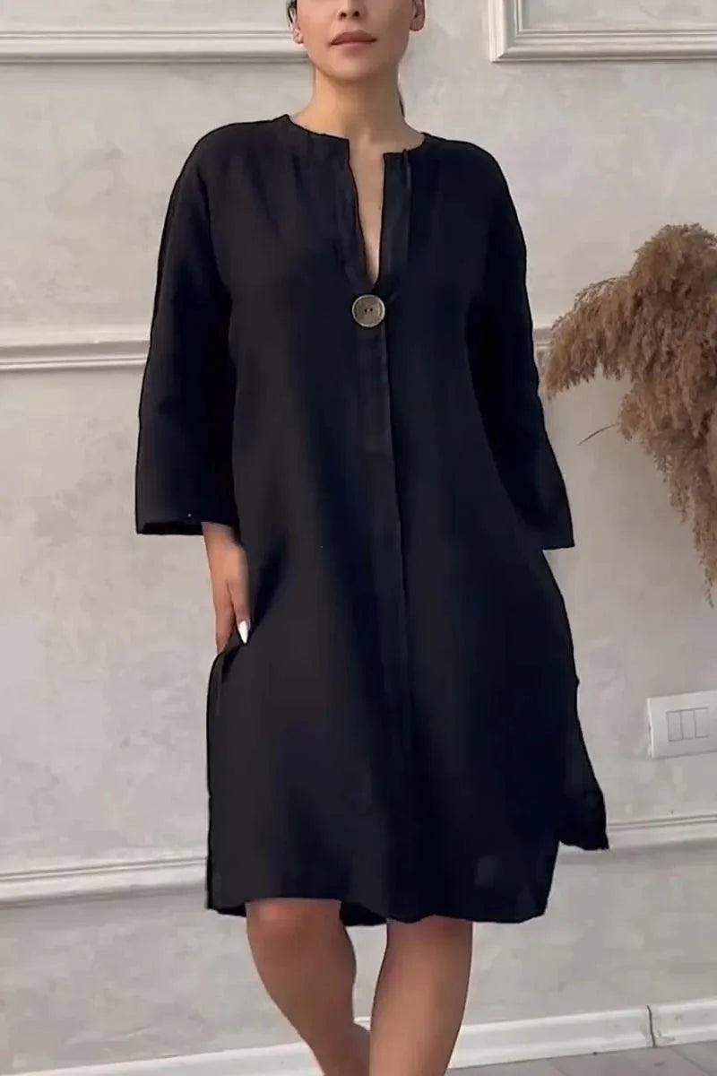 Elegant O-neck Long-sleeved Button Dress For Women's ./ MH