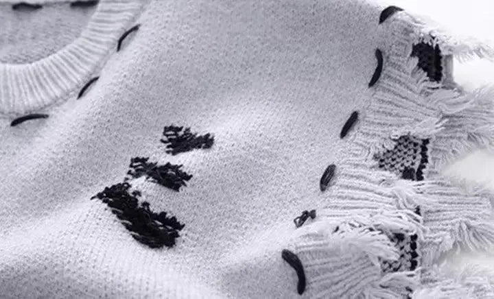 2023 Autumn New Men's Fringe Vest Sweater American Style Street Destructive Sense Round Neck Knitted Top Jacket Casual Scene