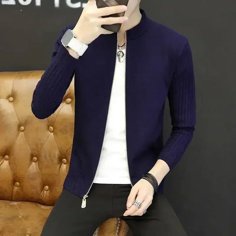 Knit Sweater Male Men's Clothing Cardigan Black Slim Fit Plain .