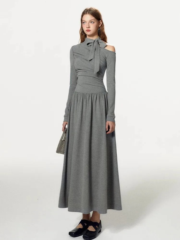 Grey Off Shoulder Pleated Dress For Women In Autumn And Winter, With A Unique Sense Of Luxury And A Slim Fit A-Line Dress