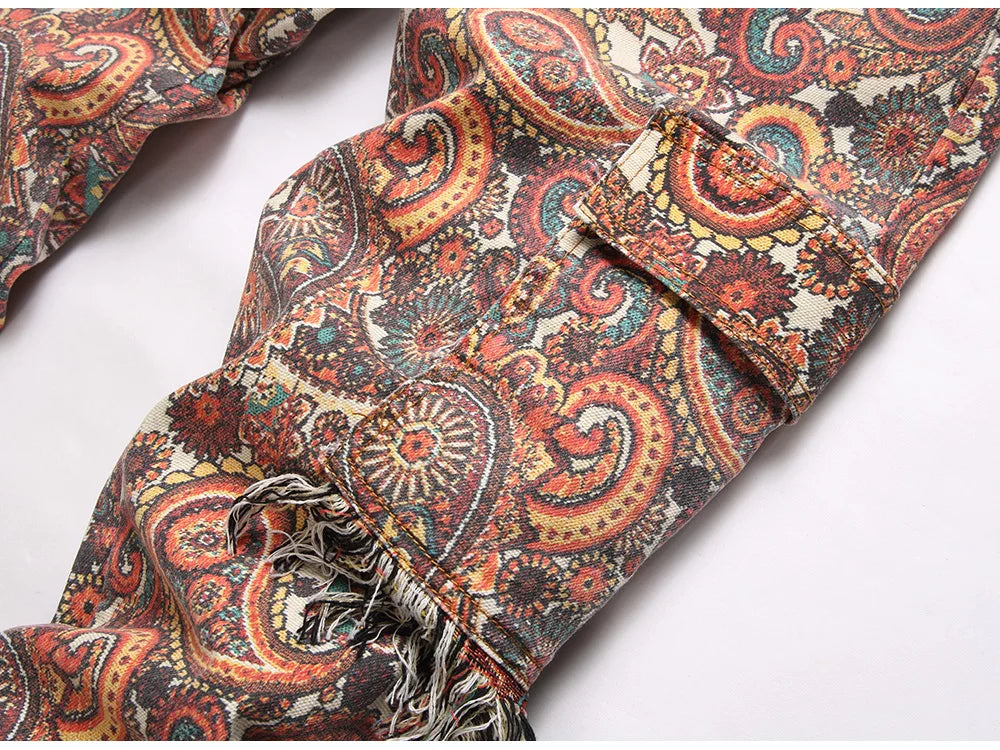 Men Bandana Print Pants Plus Size Multi Pockets Cargo Jeans .