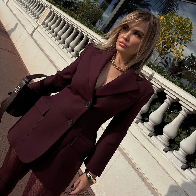 Elegant Lapel Blazer Skirt Set Women Casual Slim.