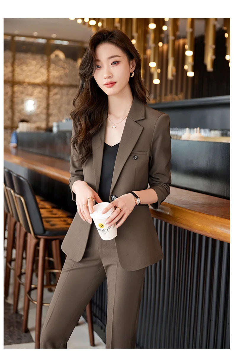 Office Lady Single Button Blazer Chic High Waisted Pants 2 Piece Set.