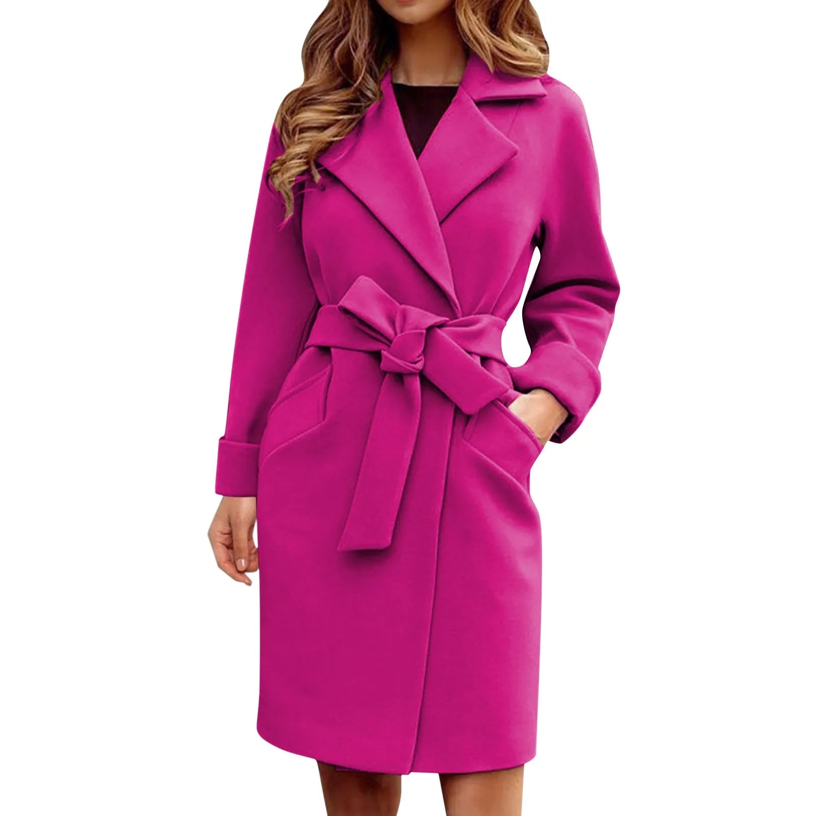 Women Hot Pink Trench Coat Casual Mid Long Overcoat.