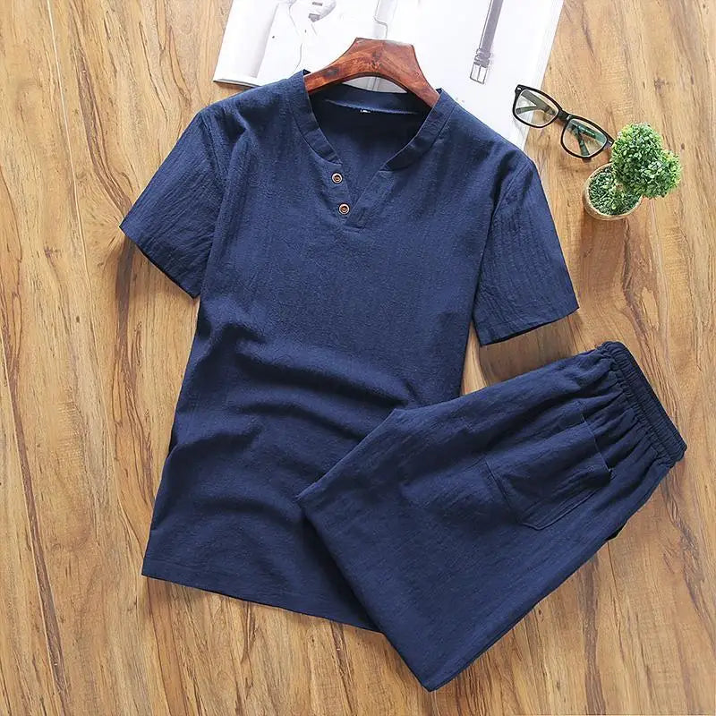 Two Piece Set Men Summer Vintage Simple Casual V Neck Short Sleeve Cotton Linen T Shirt Vacation Solid Loose Beach Shorts Ropa