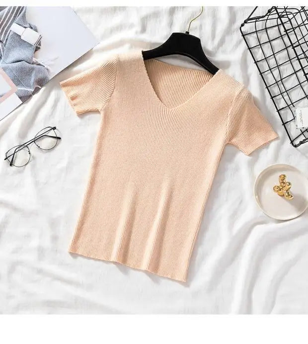 V-neck Solid Thin Summer Women Pullover Female Knitted Ribbed Sweater.