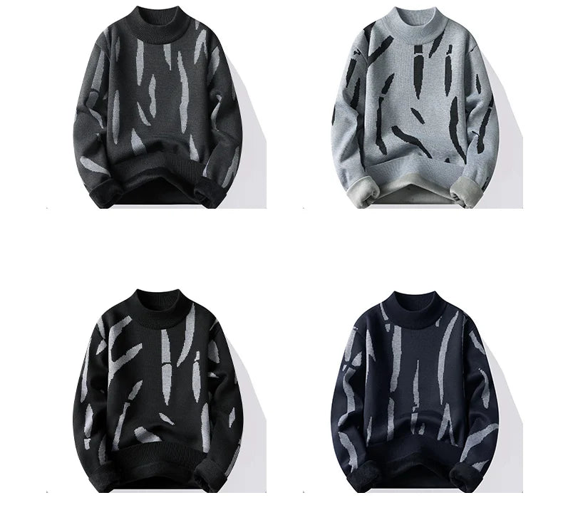 2024 M-4XL Autumn/Winter New Men's Sweater Half High Collar Zebra Pattern Color Blocked Velvet Knitted Sweater Warm Hoodie Top