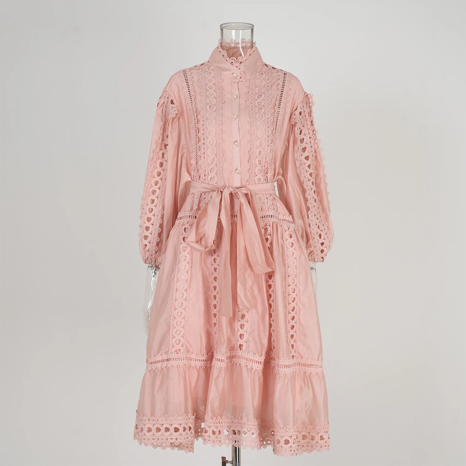 Spring Summer Embroidery Lace Stitching Hollow Out Midi Dress Women's Stand Collar Single Breasted Belt Loose Party Vestidos