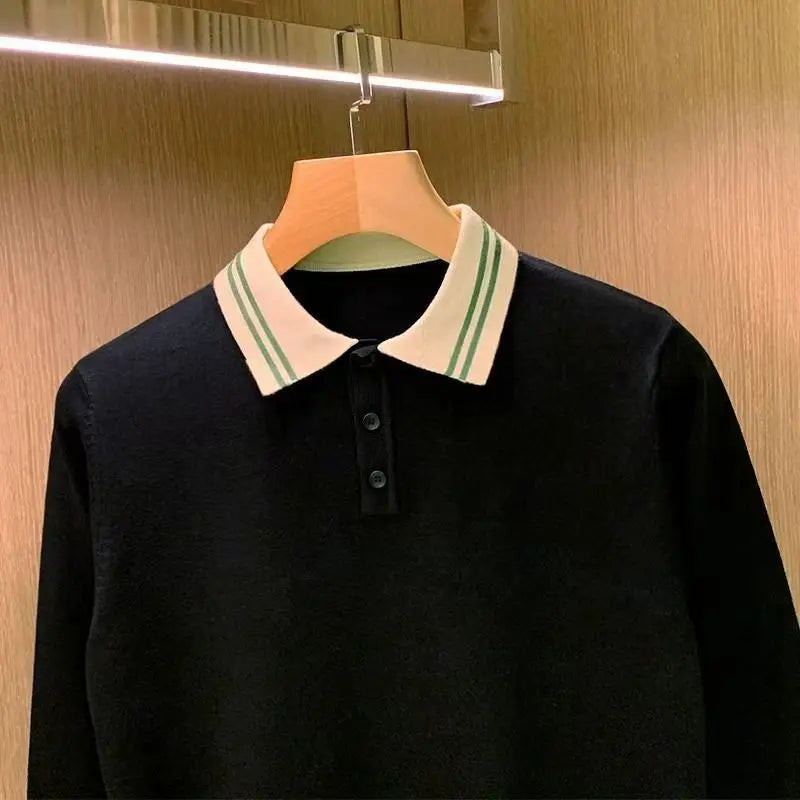Spring Autumn Men's Light Luxury turn-down collar Knitted Polo Shirt Solid Color Long-sleeved Pullover Knitwear Streetwear