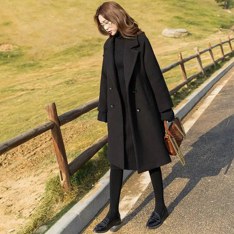 Black Woolen Coat Women's Mid Length New Style .