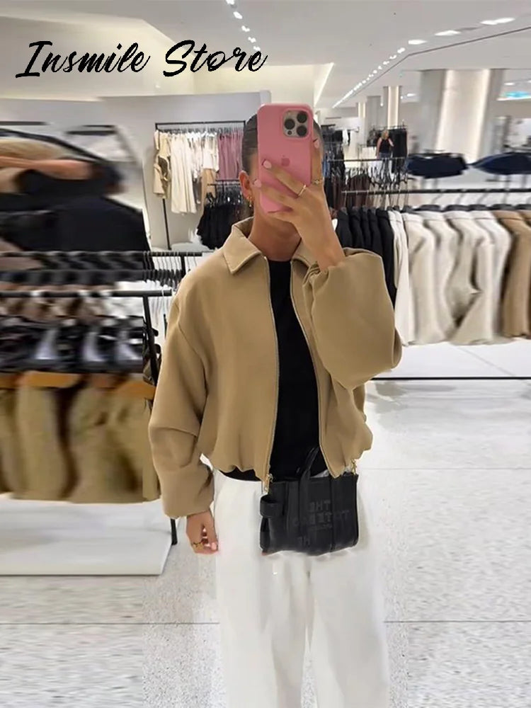 Casual Solid Zipper Lapel Short Jacket Women Long Sleeve .