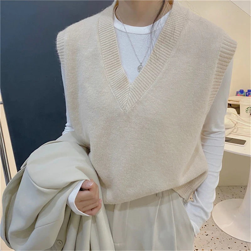 Sleeveless Knitted Sweater Vests Women Casual Solid Loose Outerwear .