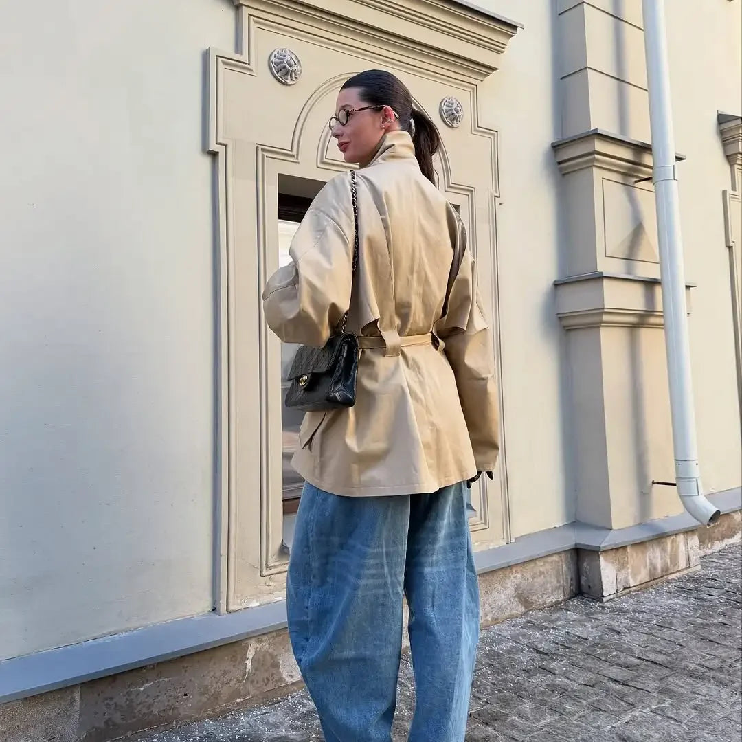 Single Breasted Khaki Belt Trench Coat Women.