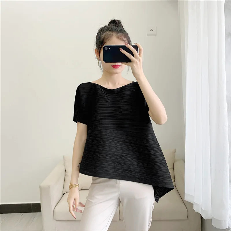 Miyake style pleated tops for women 2024 summer new high-end loose large size stretch fabric clothes temperament T-shirt