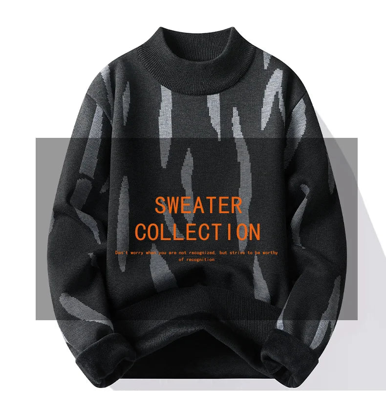 2024 M-4XL Autumn/Winter New Men's Sweater Half High Collar Zebra Pattern Color Blocked Velvet Knitted Sweater Warm Hoodie Top