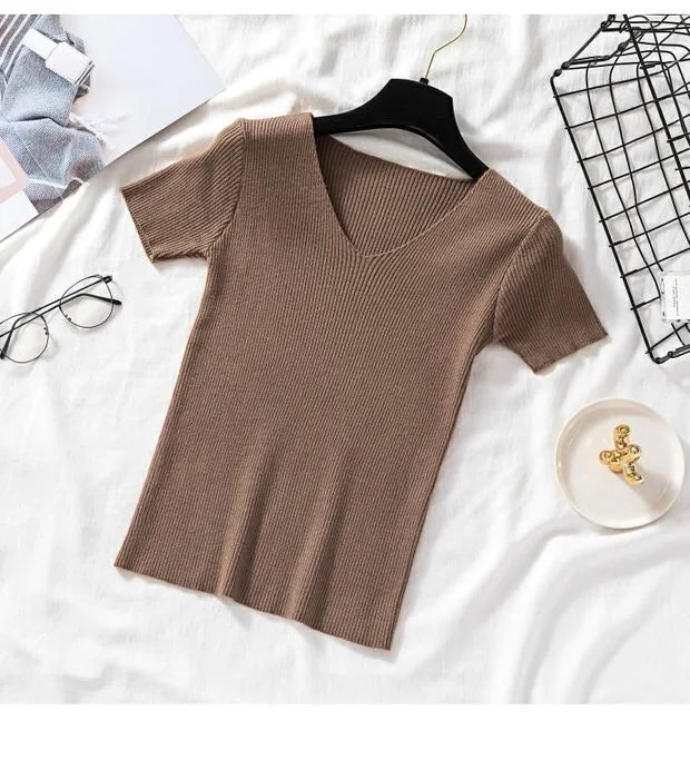 V-neck Solid Thin Summer Women Pullover Female Knitted Ribbed Sweater.