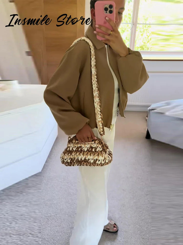 Casual Solid Zipper Lapel Short Jacket Women Long Sleeve .