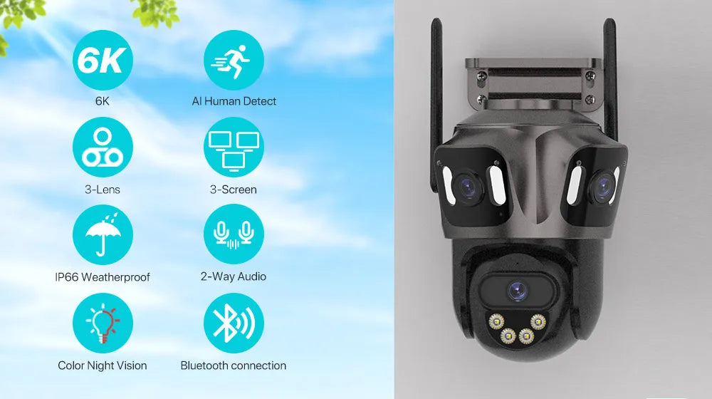 6K HD Outdoor IP Camera WiFi Three Lens