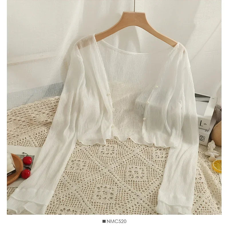Button Front Crop Women Cardigan Sheer Knit Top Lightweight Bolero .