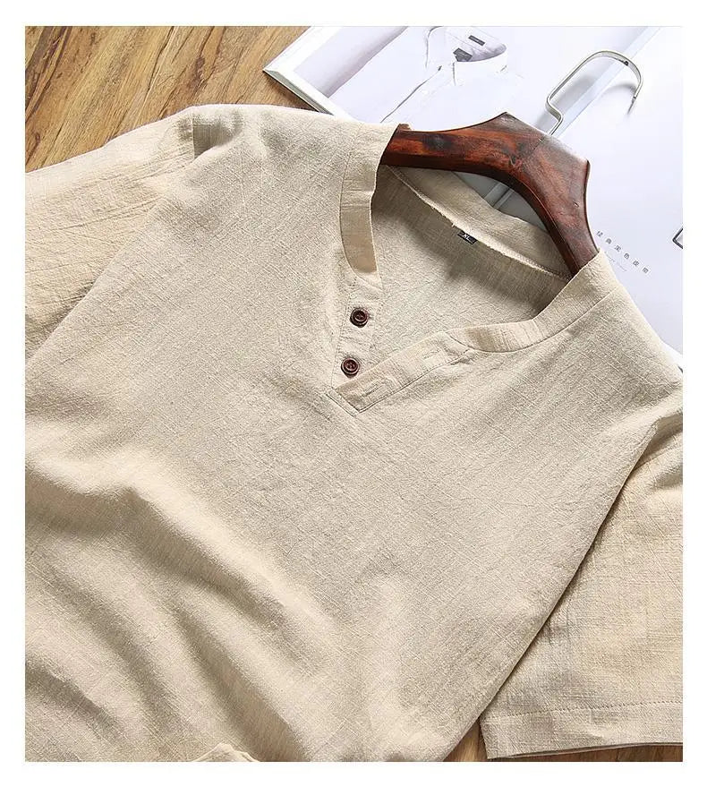 Two Piece Set Men Summer Vintage Simple Casual V Neck Short Sleeve Cotton Linen T Shirt Vacation Solid Loose Beach Shorts Ropa