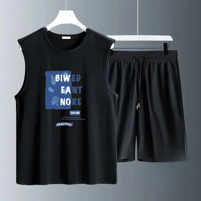 Men's Sleeveless T-Shirt Shorts Set Casual Hollow Tank Top + Shorts hole Hollow Quick Male Breathable Vest 2 Piece Set Blue icon