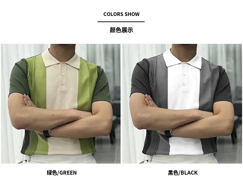 Men's Polo Shirts Vintage Striped Lightweight Knit Golf Shirts Classic Casual Short Sleeves Tops Male Business Social Shirt