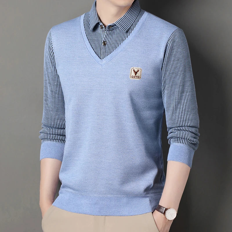 Men's Winter Sweater Fashion Polo Shirt Pullover Slim Fit Elegant Luxury Brand Knitwear Fake Two Pieces Knitted Sweaters