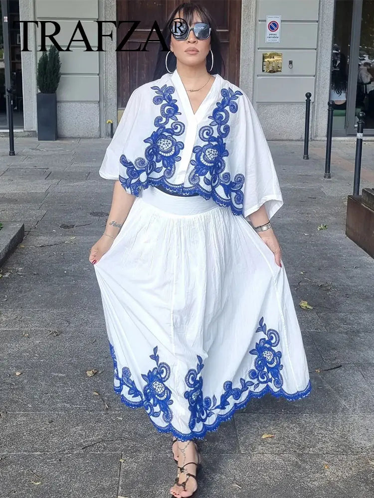 TRAFZA 2024 Woman Embroidery Print Set V Neck Casual Shirt Top + A-Line High Waist Chic Elegant Women's Pleated Long Skirt TRAF