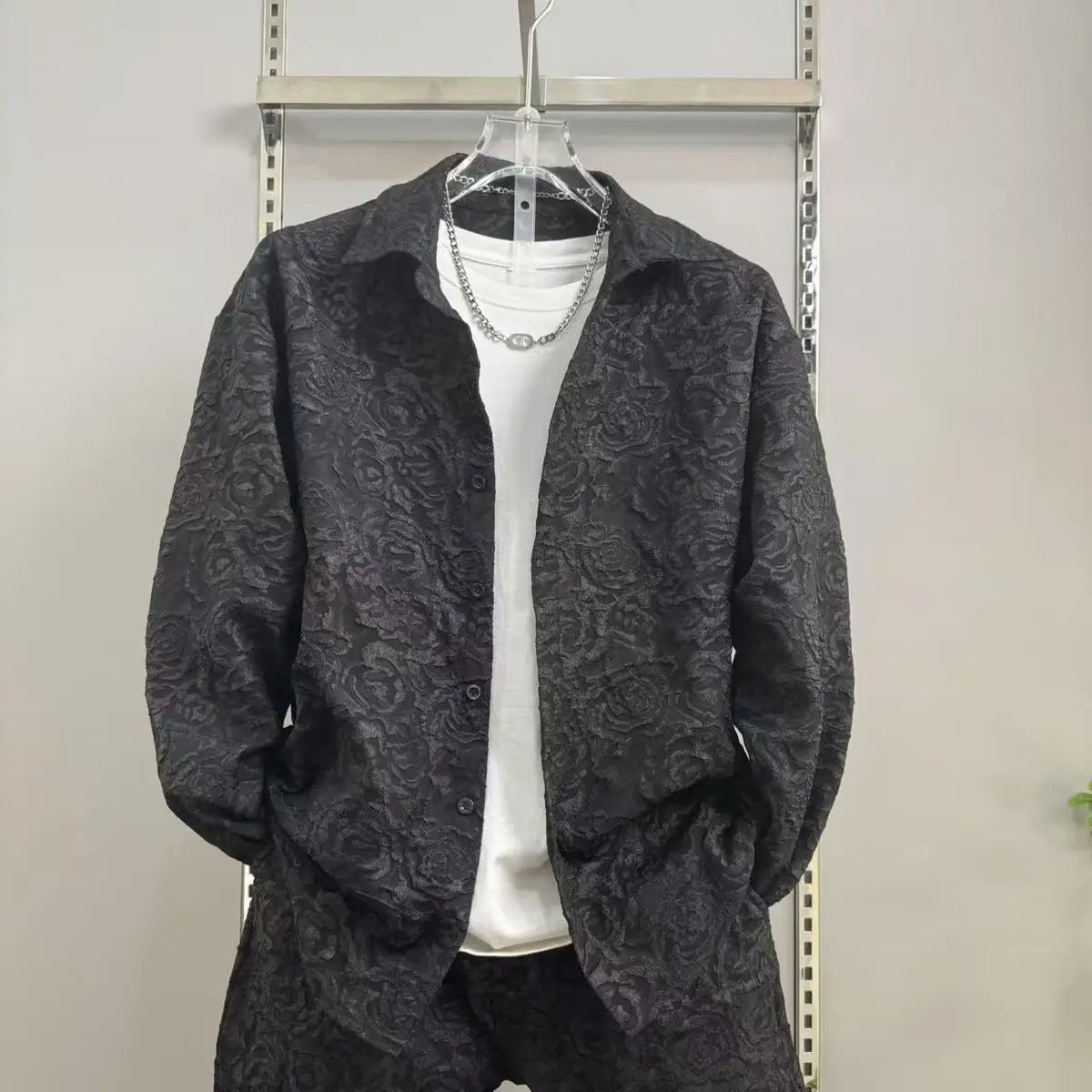 Men's Casual Suit Lapel Jacquard Shirt Trousers Two-piece Set .