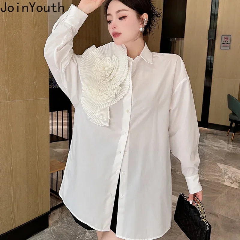 2025 Camisas De Mujer Blouse for Women Elegant Floral Shirts Oversized Tops Long Sleeve Fashion Pleated White Casual Blouses