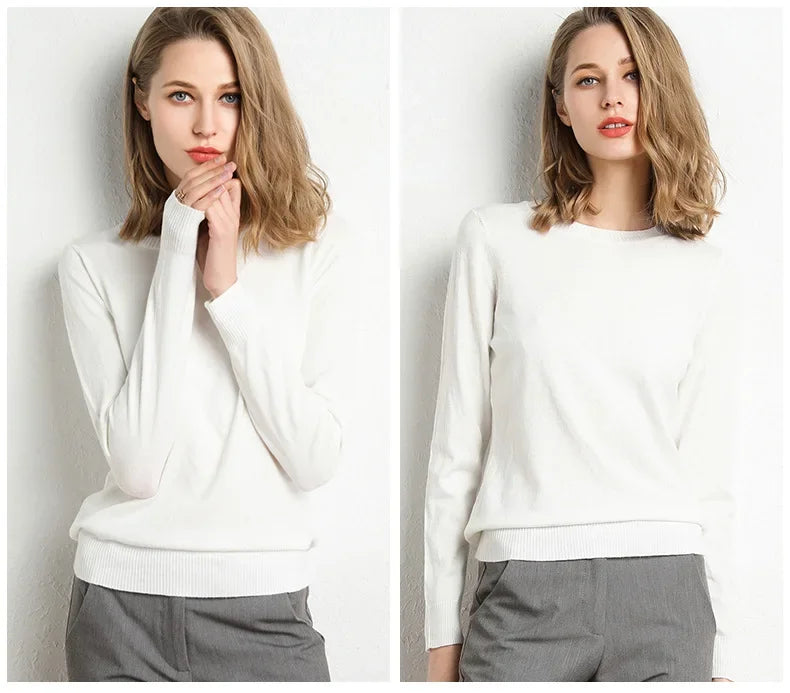 Women Slim O-Neck Pullover Cashmere Wool Blending Sweater.