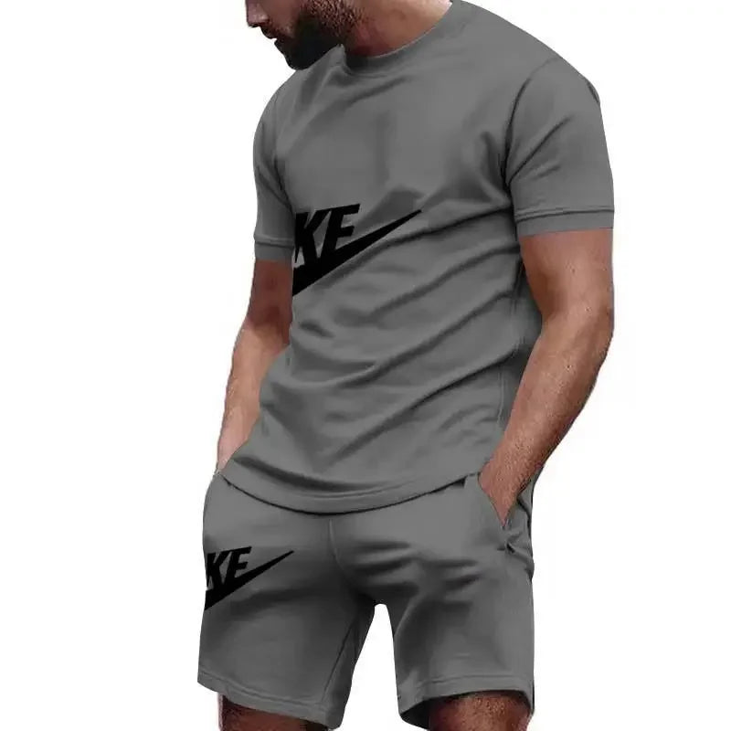Men 2025 summer new casual sports suit Fashion breathable outdoor men's short-sleeved T-shirt + training shorts two-piece set
