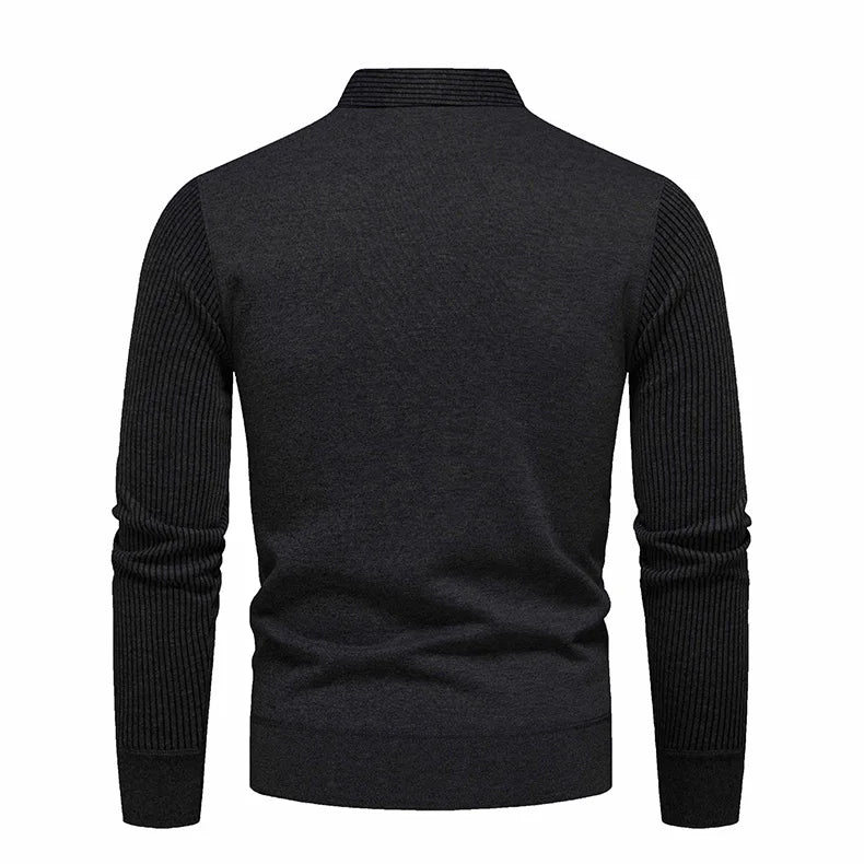 Autumn and Winter New Men's Fake Two Piece Sweater with Fleece and Slim Fit Polo Collar Knitted Bottom Shirt Thickened and Warm