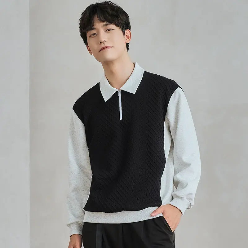Trend Fashion Men Polo Shirts Spring Autumn New Lapel Half Zipper Fake Two Pieces Contrast Color Korean Casual Long Sleeve Tops
