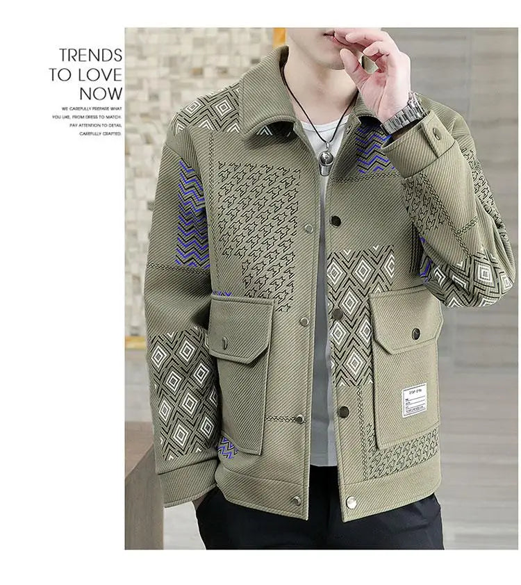 Brand Clothing Spring Autumn Men Coats Lapel Slim Print Jacket.
