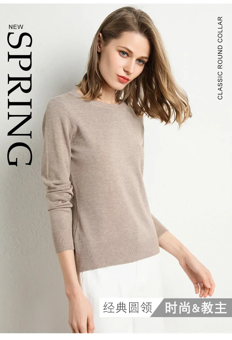 Women Slim O-Neck Pullover Cashmere Wool Blending Sweater.