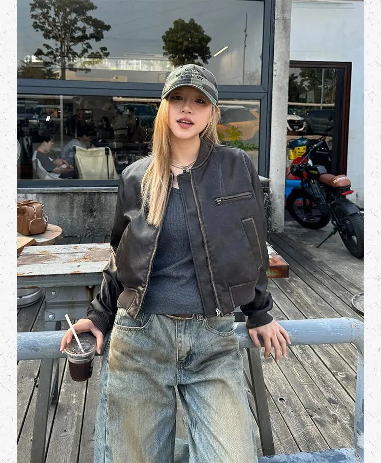 American Vintage Short Motorcycle Leather Jacket Women.