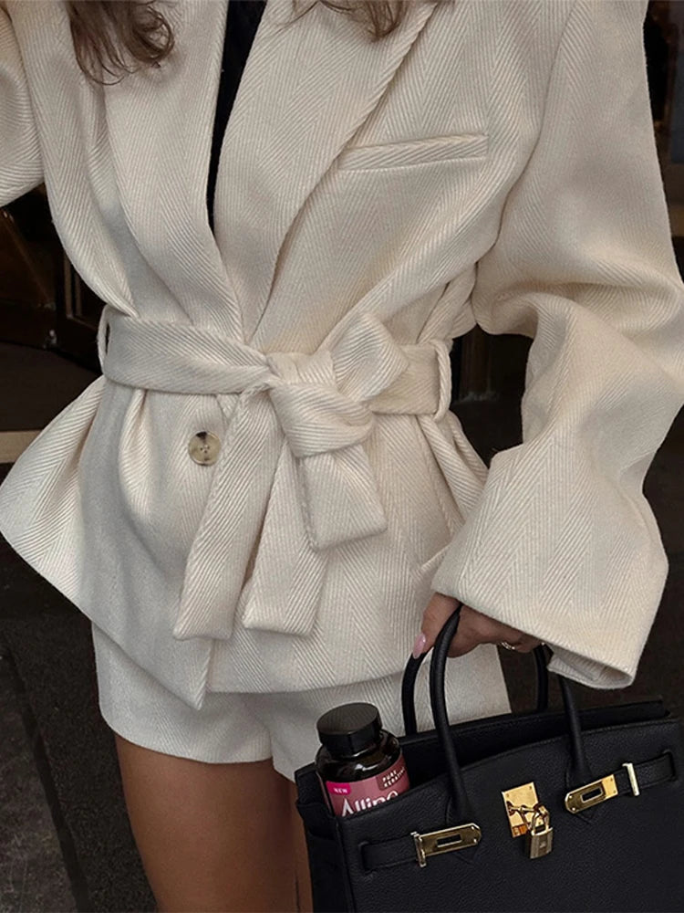 Lace Up Twill Coat Jacket Waist Cinching Suit Collar Two Buttons.