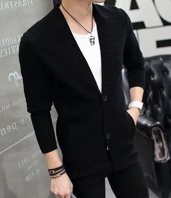 Knit Sweater Male Men's Clothing Cardigan Black Slim Fit Plain .