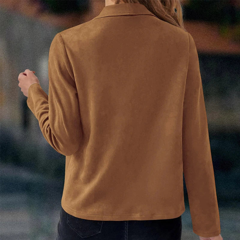Women's Suit Jacket Solid Suede Lapel Zipper Pocket .