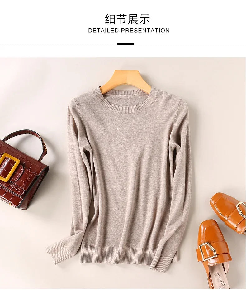 Women Slim O-Neck Pullover Cashmere Wool Blending Sweater.