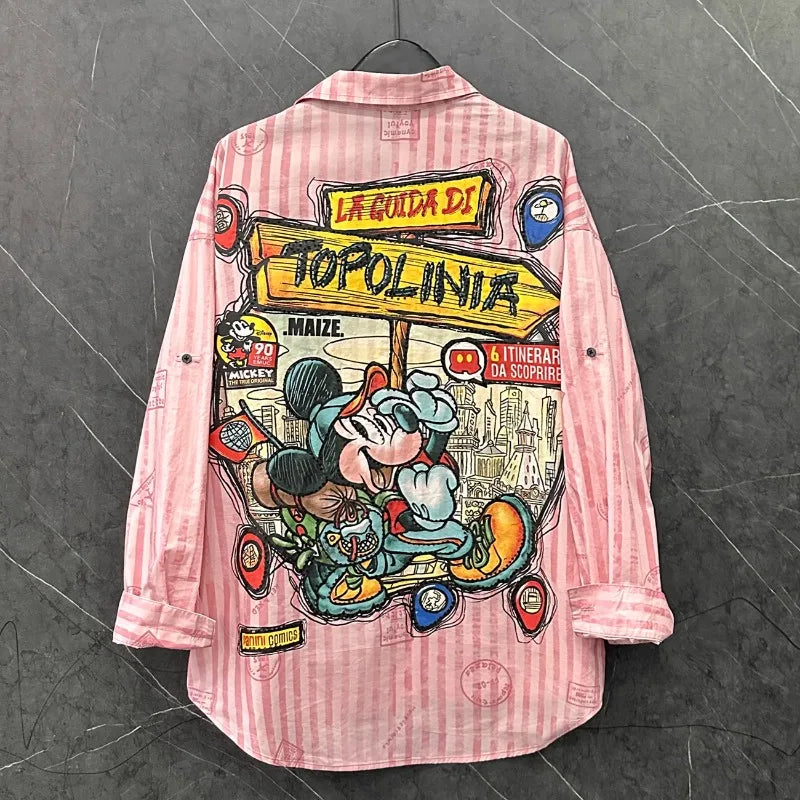 Spring and Summer New Cartoon Design Striped Long-sleeved Shirt Women's