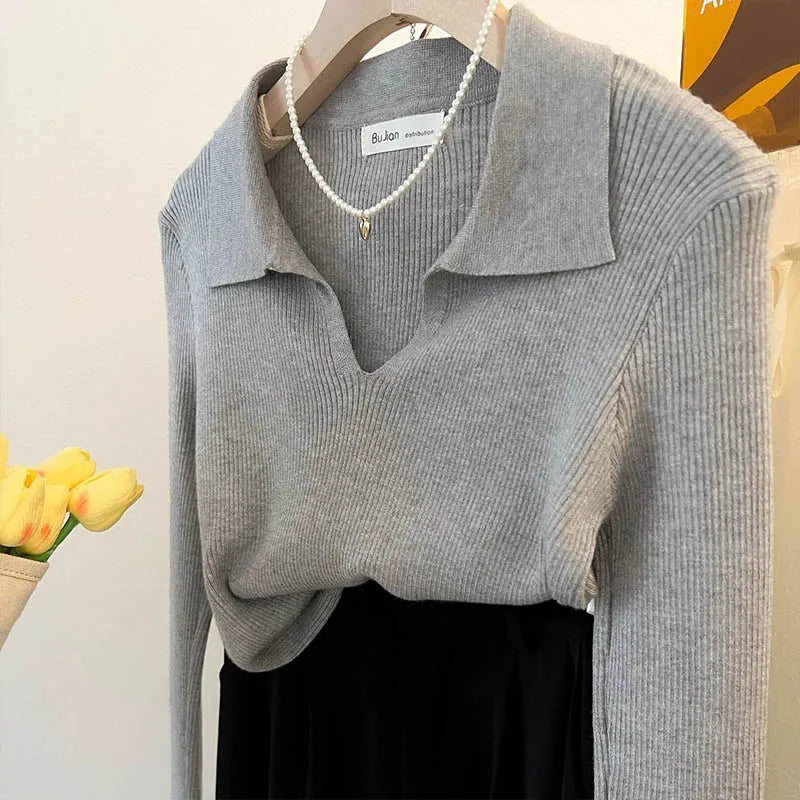 Women Clothing Vintage Fashion Solid Turn-down Collar Pullovers.